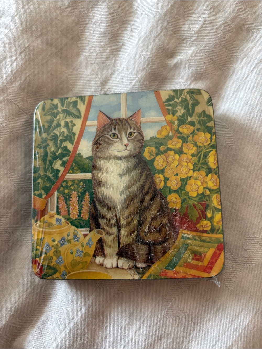 Cat Coaster Set (4) with Yellow Floral Design